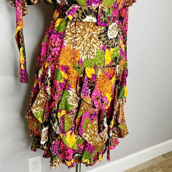Vintage 80s GILLIAN Floral Silk Jacquard Dolman Ruffled Skirt DRESS Size S - Picture 2 of 11